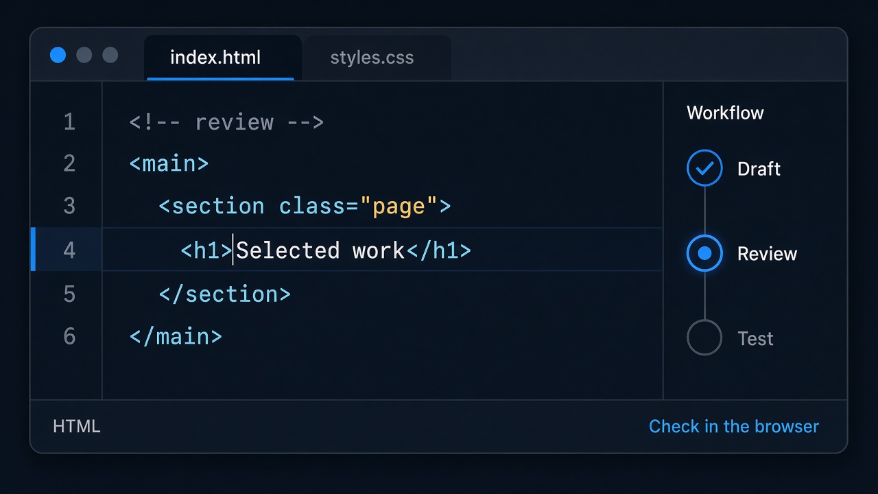 Code editor showing HTML under review, with Draft, Review, and Test steps.