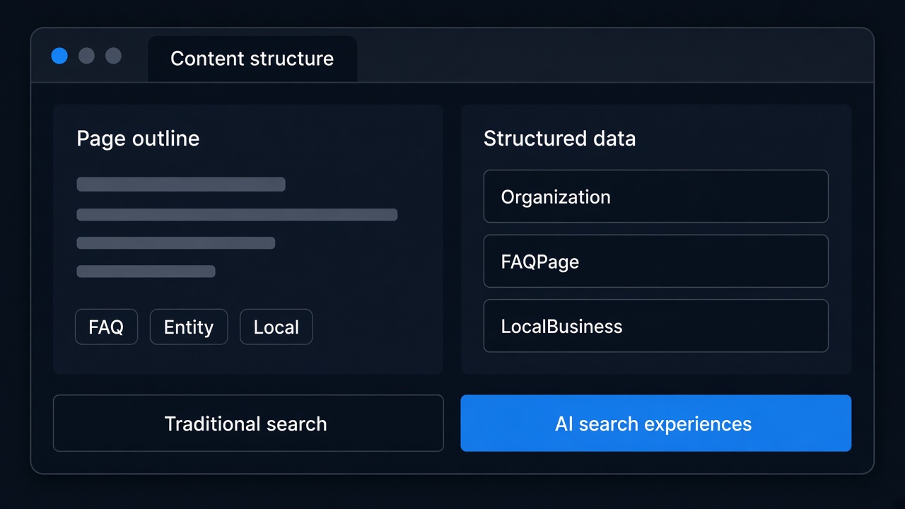 Content structure view with a page outline, Organization, FAQPage, and LocalBusiness structured data, plus traditional search and AI search experiences.