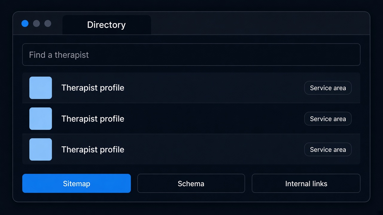 Directory layout with a therapist search field, profile rows, service areas, and labels for sitemap, schema, and internal links.
